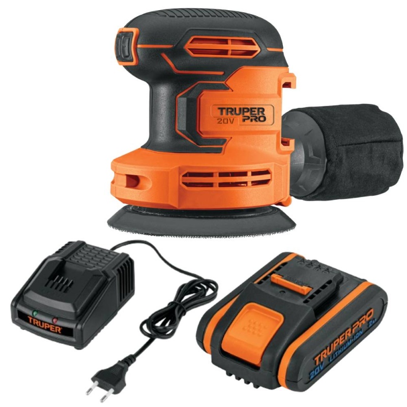 Lijadora Roto-Orbital 5" 20V 103261 + Bateria Ion Litio 20V 2,0Ah 103240 + Cargador 12336 Truper CO-103261