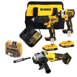 Amoladora Ang 4 1/2" DCG408B + Kit Taladro 1/2" + Ator de Impacto 1/4" 20V DCK223D2-B2 + Set de Puntas 16Pz DT70522T-QZ Dewalt