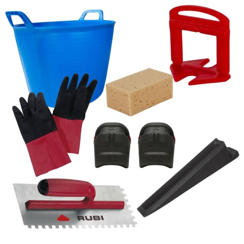 Combo de Balde 40L + Plancha Dentada 28cm + Esponja Pro + Guantes Latex + Cuña + Brida 6-15mm + Rodilleras Rubi 000000999