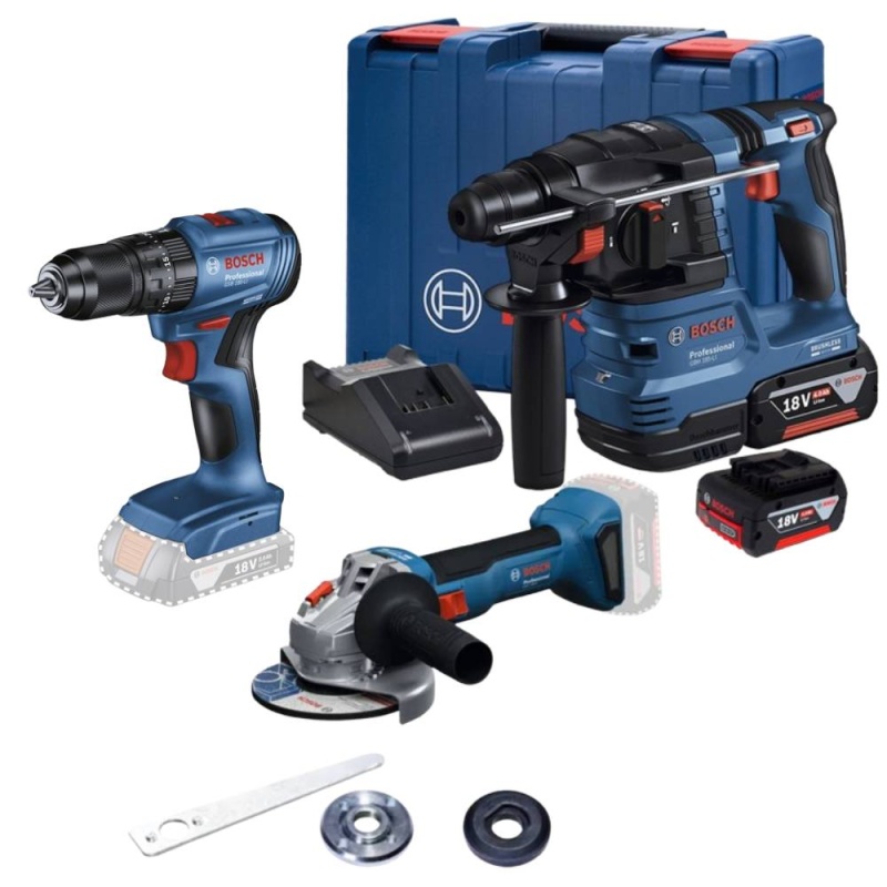 Rotomartillo SDS Plus Brushless GBH 185-LI + Amol Ang 4 1/2" GWS 18V-8 + Tal Perc 1/2" GSB 185-LI 18V Bosch 0615.A50.0D1-BOX