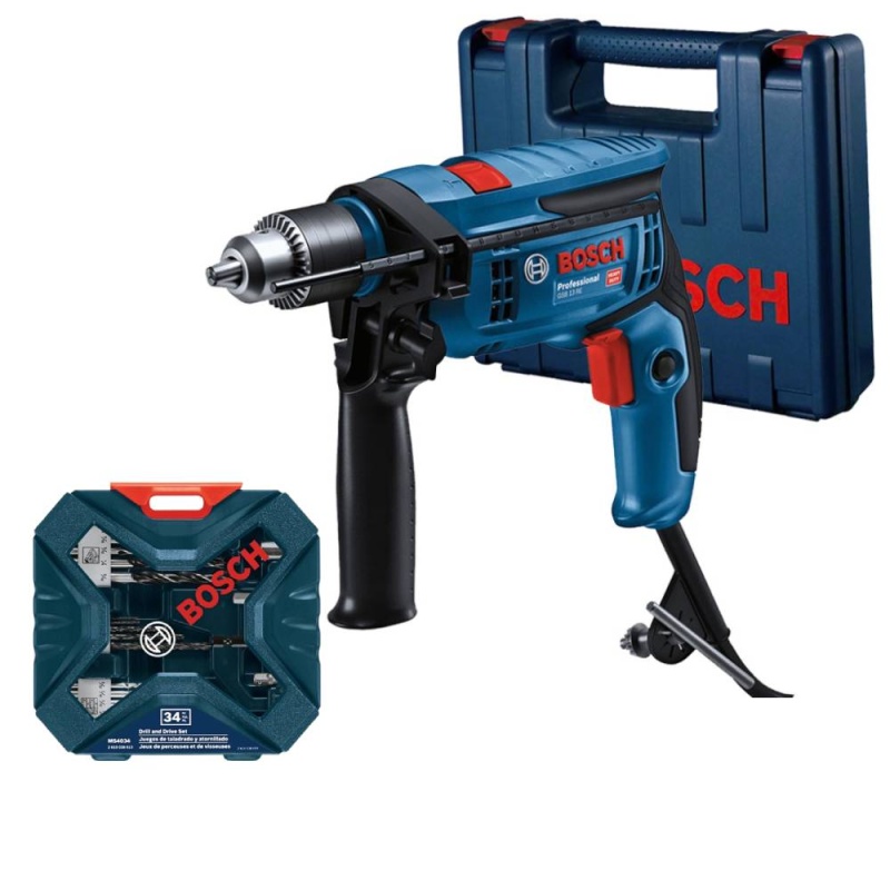 Taladro Percutor 1/2" 750W 57000 gpm GSB 13 RE + Set de Accesorios 34 Pz Bosch 0615.A00.010-000