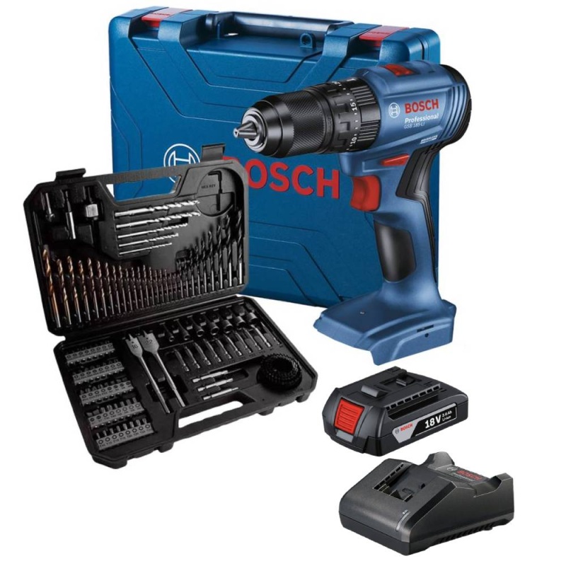 Taladro Percutor 1/2" 18V Brushless Inc 1 Bat y Carg GSB 185-LI + Set Para Taladrar 103 Pz Bosch 0601.9K3.1E1-BOX