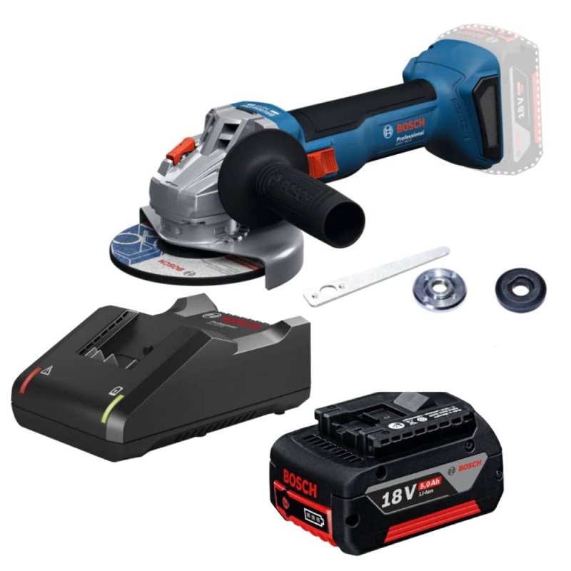 Amoladora Ang 4 1/2" 18V 11000 Rpm GWS 18V-8 + Batería GBA 18V 5.0Ah + Cargador Bivolt GAL 18V-40 Bosch 0601.9N9.0E2-BOX