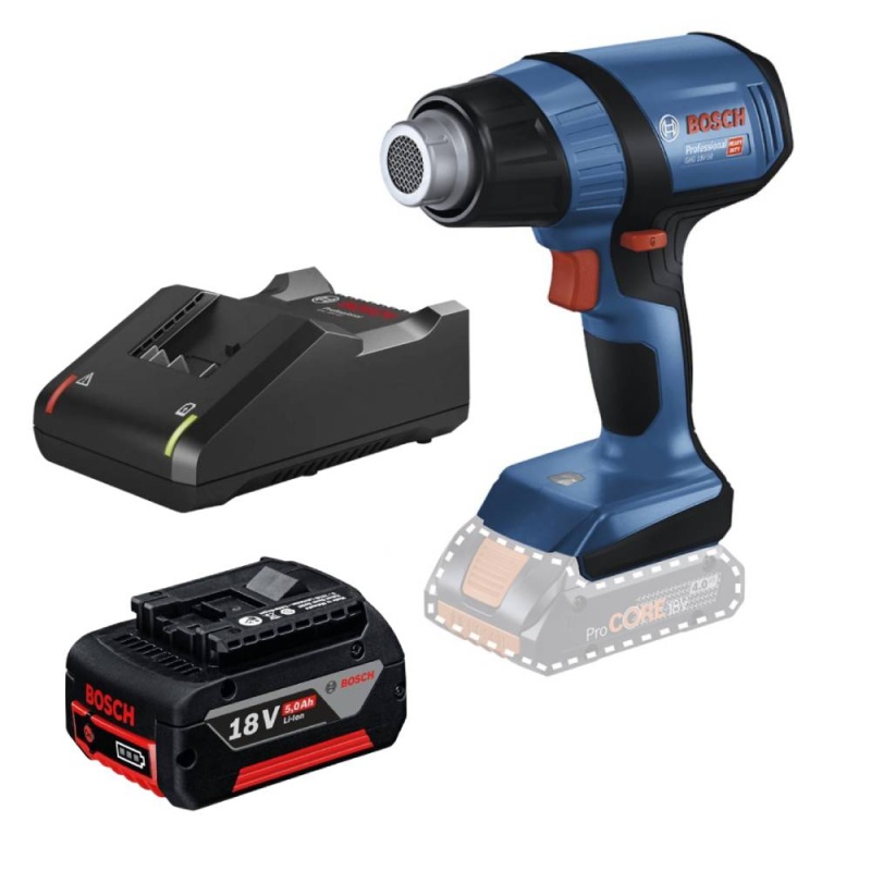 Pistola de Calor 18V 500 °C GHG 18V-50 + Batería GBA 18V 5.0Ah + Cargador Bivolt GAL 18V-40 Bosch 0601.2A6.580-BOX