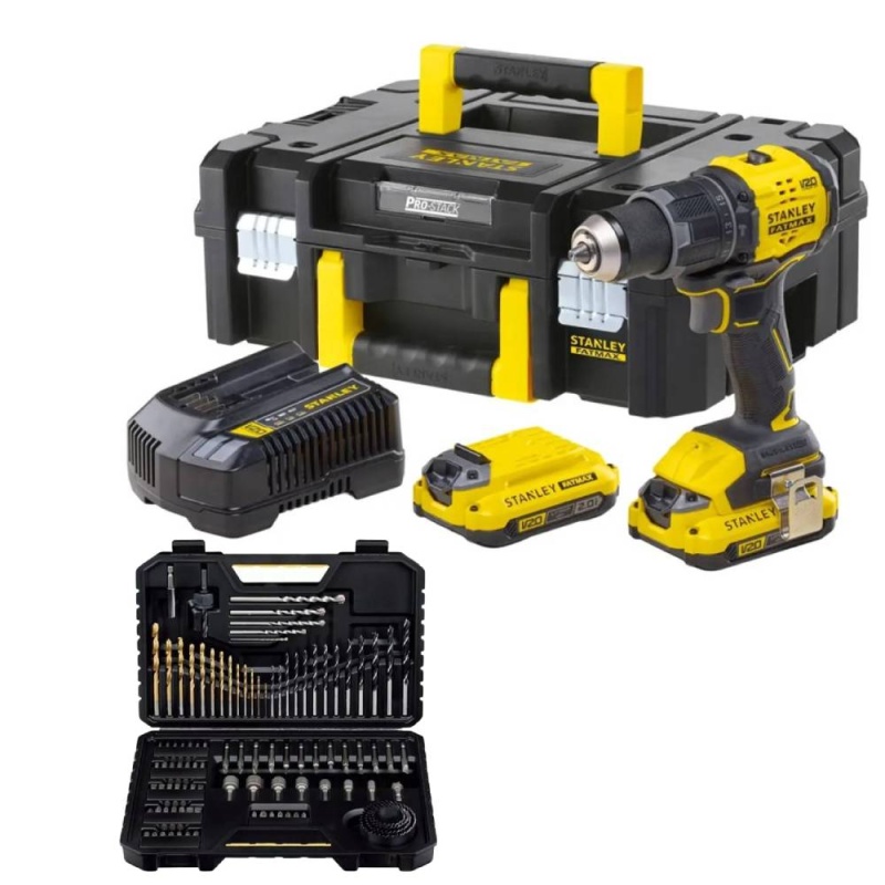 Taladro Percutor 1/2" 20V Brushless Inc 2Bat y Carg + Set de piezas x 100 pz Stanley STA7205-XJ Stanley SBD716D2K-K2