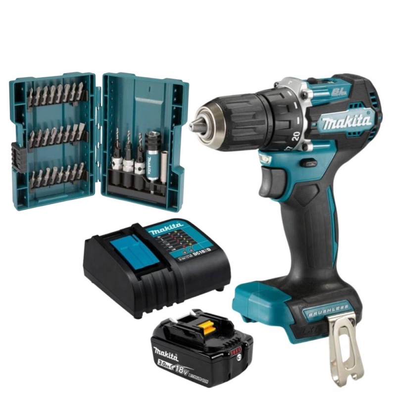 Taladro Percutor 1/2″ 18V LXT BL Inc 1 Bat y Carg DHP487SF + Set de Puntas para Atornillar 29Pz Makita CO-DHP487SF-0426