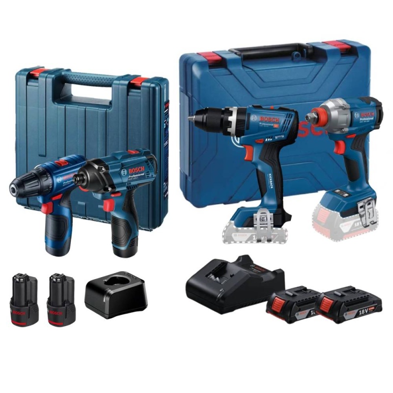 Taladro 1/2" GSB 18V-65 y Atorn Imp 1/2"-1/4" GDX 18V-285 + Atorn Imp 1/4" Hex y Taladro Ator 3/8" 12V Bosch 0601.9N3.3E0-BOX