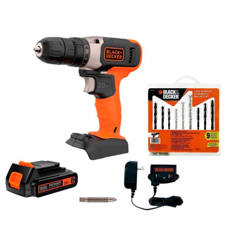 Taladro Atornillador 3/8 20V 37Nm 1 bat 1.5 AH BCD702C1-B2 + Set de Brocas Mixto 9Pz BD0110CS Black + Decker BCD702C1-K3
