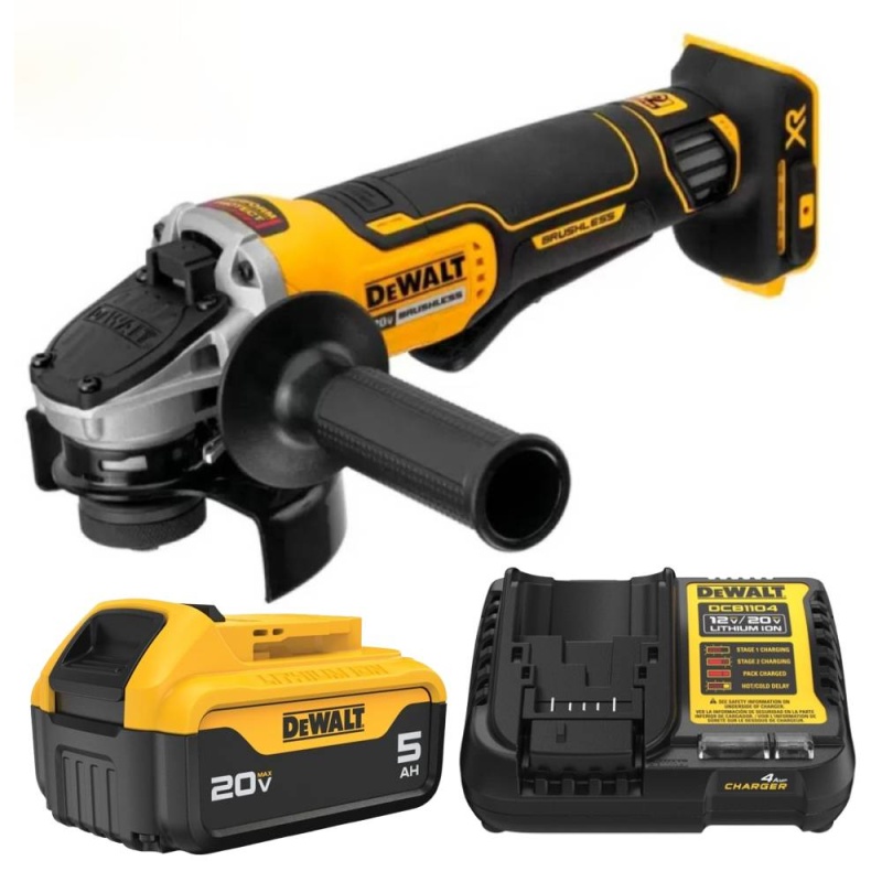 Amoladora Ang 4 1/2" Baretool DCG413B + Batería 20V Max 5.0 Ah DCB205-B3 + Cargador 12V / 20V DCB1104-B2 Dewalt DCG413B-K4