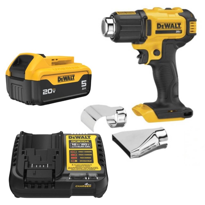 Pistola Calor 20V 532 °C Baretool DCE530B + Batería 20V Max 5.0 Ah DCB205-B3 + Cargador 12V / 20V DCB1104-B2 Dewalt DCE530B-K5