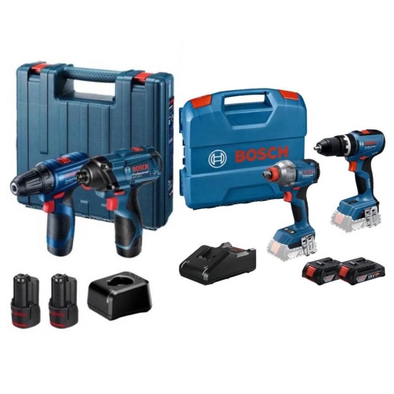 Taladro 1/2" GSB 18V-65 y Atorn Imp 1/2"-1/4" GDX 18V-285 + Atorn Imp 1/4" Hex y Taladro Ator 3/8" 12V Bosch 0601.9N3.3E0-BOX