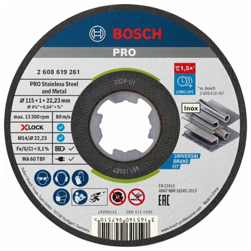 Disco de Corte 4 1/2" x 1mm X-Lock para Acero Inoxidable Bosch 2608.619.261-000