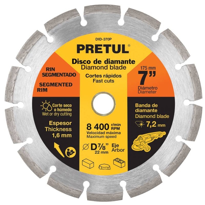 Disco Diamantado Segmentado 7" (180mm) x 7/8" (22mm) x 1,6 mm Pretul 27033