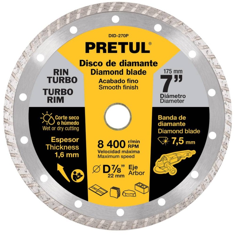 Disco Diamantado Rin Turbo 7" (180mm) x 7/8" (22mm) x 1,6 mm Pretul 27018