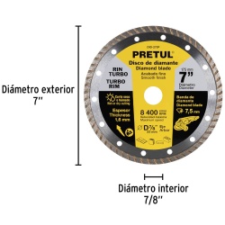 Disco Diamantado Rin Turbo 7" (180mm) x 7/8" (22mm) x 1,6 mm Pretul 27018