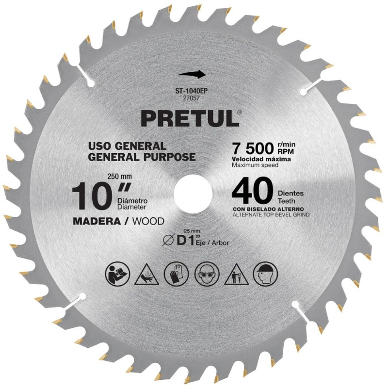 Disco de Sierra 10" (250 mm) x 1"(25 mm) x 2,6mm 40 D Pretul 27057