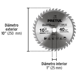 Disco de Sierra 10" (250 mm) x 1"(25 mm) x 2,6mm 40 D Pretul 27057