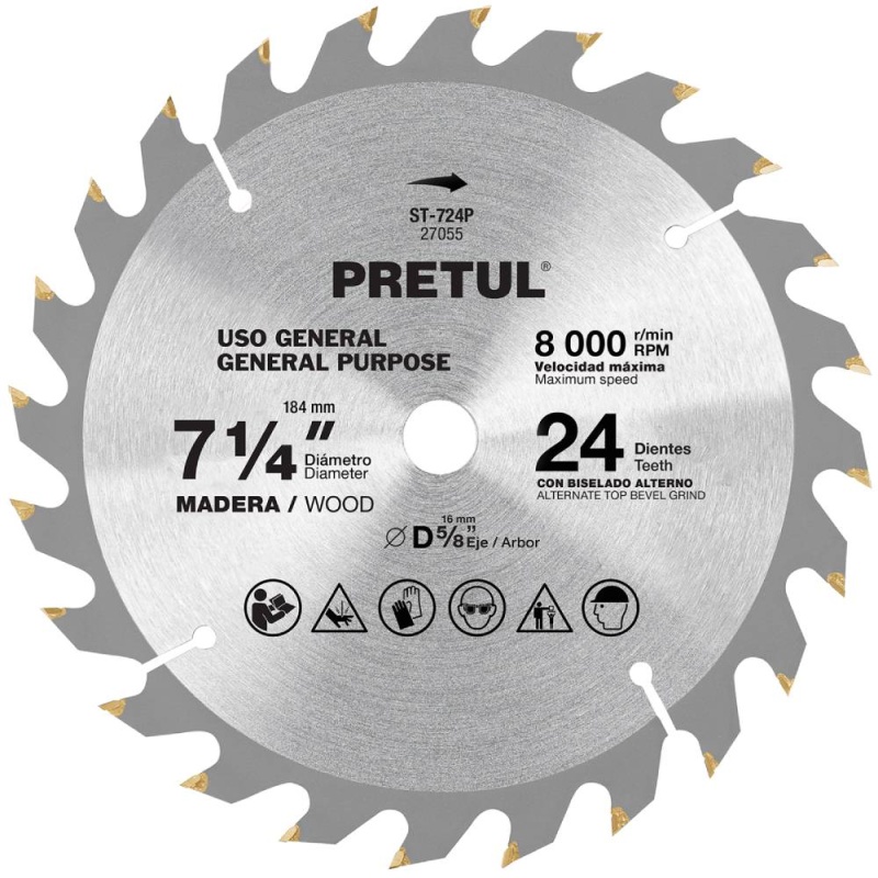 Disco de Sierra 7-1/4" (184mm) x 5/8" (16mm) x 2,2 mm 24 D Pretul 27055