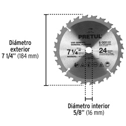 Disco de Sierra 7-1/4" (184mm) x 5/8" (16mm) x 2,2 mm 24 D Pretul 27055