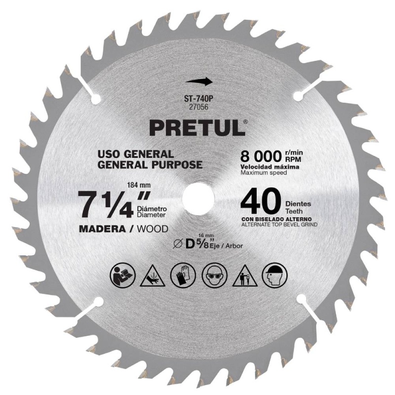 Disco de Sierra 7-1/4" (184mm) x 5/8" (16mm) x 2,2 mm 40 D Pretul 27056