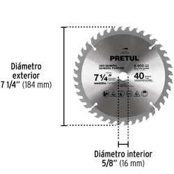 Disco de Sierra 7-1/4" (184mm) x 5/8" (16mm) x 2,2 mm 40 D Pretul 27056