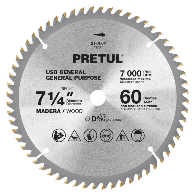 Disco de Sierra 7-1/4" (184mm) x 5/8" (16mm) x 2,2 mm 60 D Pretul 27059