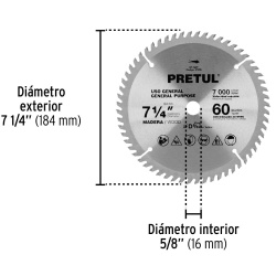 Disco de Sierra 7-1/4" (184mm) x 5/8" (16mm) x 2,2 mm 60 D Pretul 27059