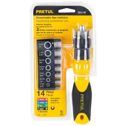 Juego de Desarmador de Matraca 1/4" + Puntas y Dados 14 Pz Pretul 22974