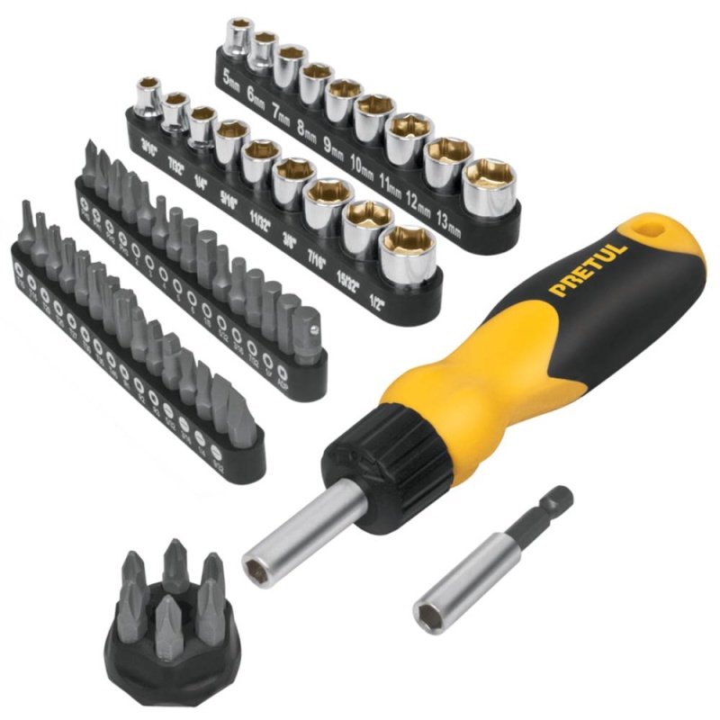 Juego de Desarmador de Matraca 1/4" + Puntas y Dados 56 Pz Pretul 22976