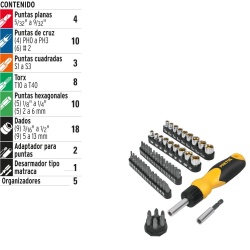 Juego de Desarmador de Matraca 1/4" + Puntas y Dados 56 Pz Pretul 22976