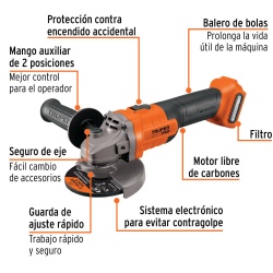Amoladora Angular 4 1/2" 20V Brushless Baretool 7200Rpm Truper 103255
