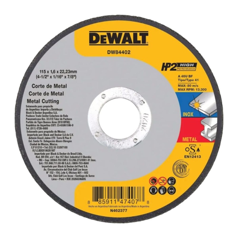 Disco de Corte 4 1/2" x 1/16" x 7/8" para Metal y Acero Inoxidable DeWalt DW84402