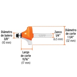 Fresa de Carburo Redondeadora de Moldura 1-1/4" x 1/4" con Rodaje Truper 11473