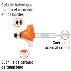 Fresa de Carburo Redondeadora de Moldura 1-1/4" x 1/4" con Rodaje Truper 11473