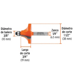 Fresa de Carburo Redondeadora de Moldura 1-1/2" x 1/4" con Rodaje Truper 11474