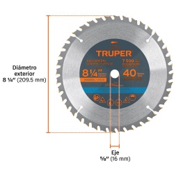 Disco de Sierra 8-1/4" para Madera 40 D Truper 18303