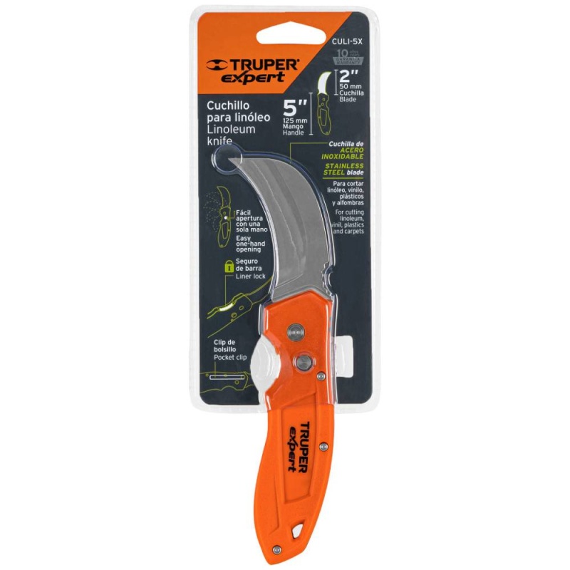 Cuchillo Plegable 7" Tipo Gancho para Linóleo y Alfombras Truper 12725