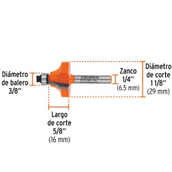 Fresa de Carburo para Perfil Redondeado 1-1/8" x 1/4" con Rodaje Truper 102725