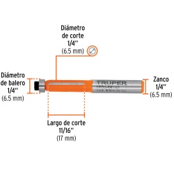 Fresa de Carburo 1/4"x 1/4" con Rodaje Corte Recto Truper 102720