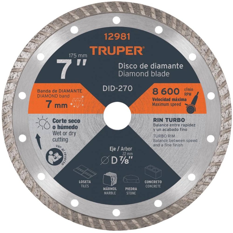 Disco Diamantado Turbo 7" x 2.8 mm para Concreto Truper 12981