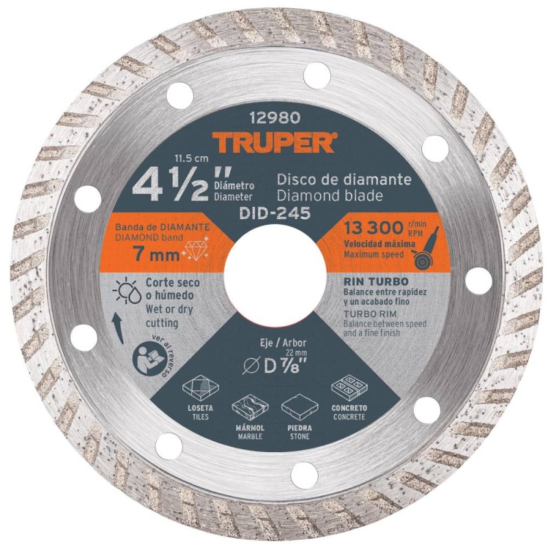 Disco Diamantado Turbo 4-1/2" x 2.2 mm para Concreto Truper 12980