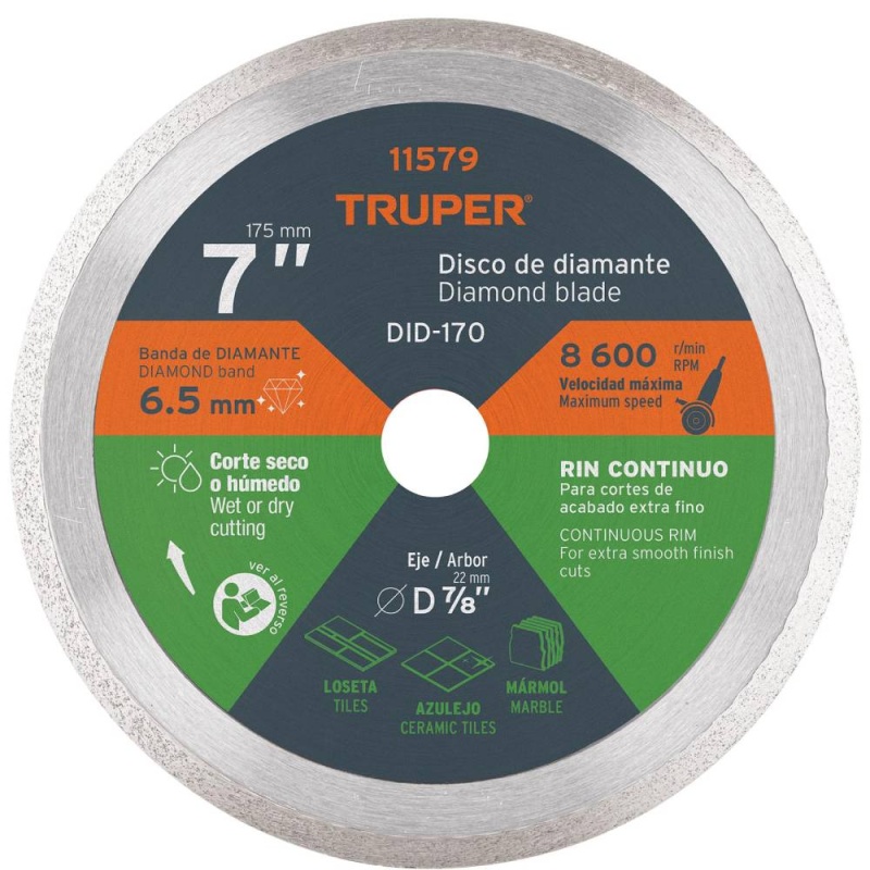 Disco Diamantado Continuo 7" x 2.2 mm para Azulejos Truper 11579
