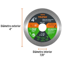Disco Diamantado Continuo 4" x 1.6 mm para Azulejos Truper 11578